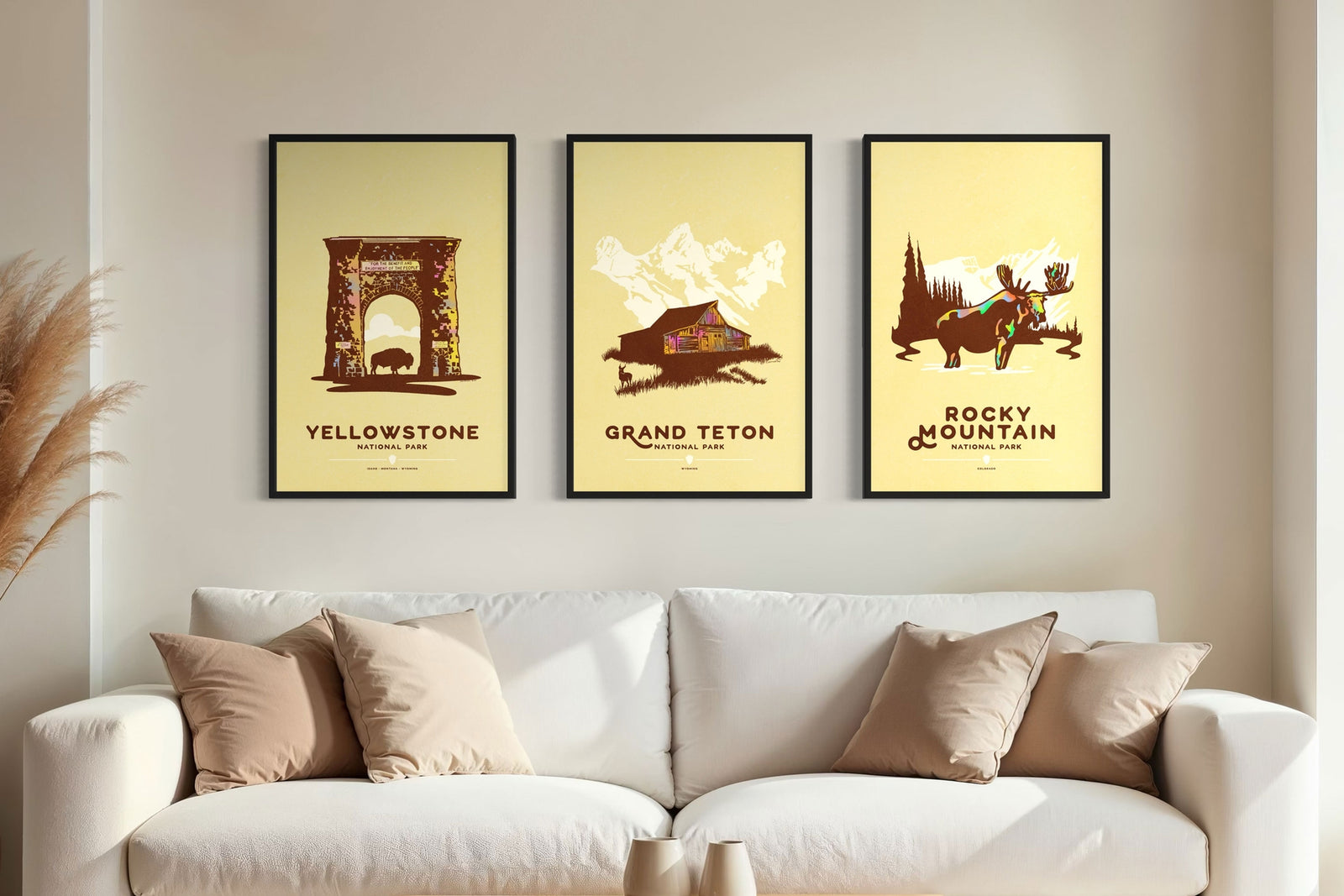 Set of 3 framed national park posters featuring Yellowstone, Grand Teton, and Rocky Mountain, vintage travel wall art, western landscape prints