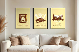Set of 3 framed national park posters featuring Yellowstone, Grand Teton, and Rocky Mountain, vintage travel wall art, western landscape prints