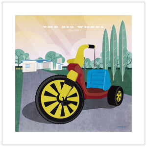 Big Wheel vintage childhood poster featuring iconic 1969 ride-on toy illustration