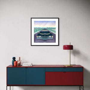 1970 Cadillac Eldorado Texas car poster framed above a modern credenza featuring a classic Cadillac with longhorns