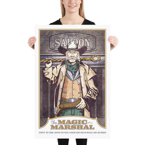 Product mockup of A fantasy-western art print featuring the Magic Marshal—an enchanted lawman blending gritty Old West style with magical charm. Perfect for fantasy lovers, western fans, and unique home decor.