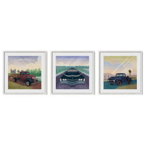 Western vintage vehicle gallery set of three featuring Chevy, Cadillac and Ford in white frames