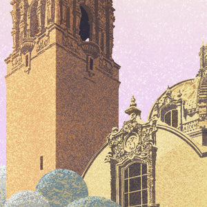 Close-up detail of a San Diego Balboa Park illustration highlighting the California Tower and architectural textures in a retro poster style