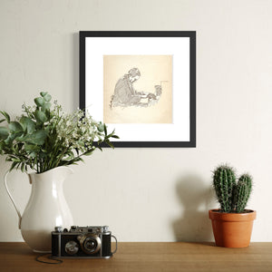 Framed Piano Man digital pen-and-ink illustration of a jazz pianist performing at a grand piano, displayed above a cabinet with a vase, camera, and cactus.