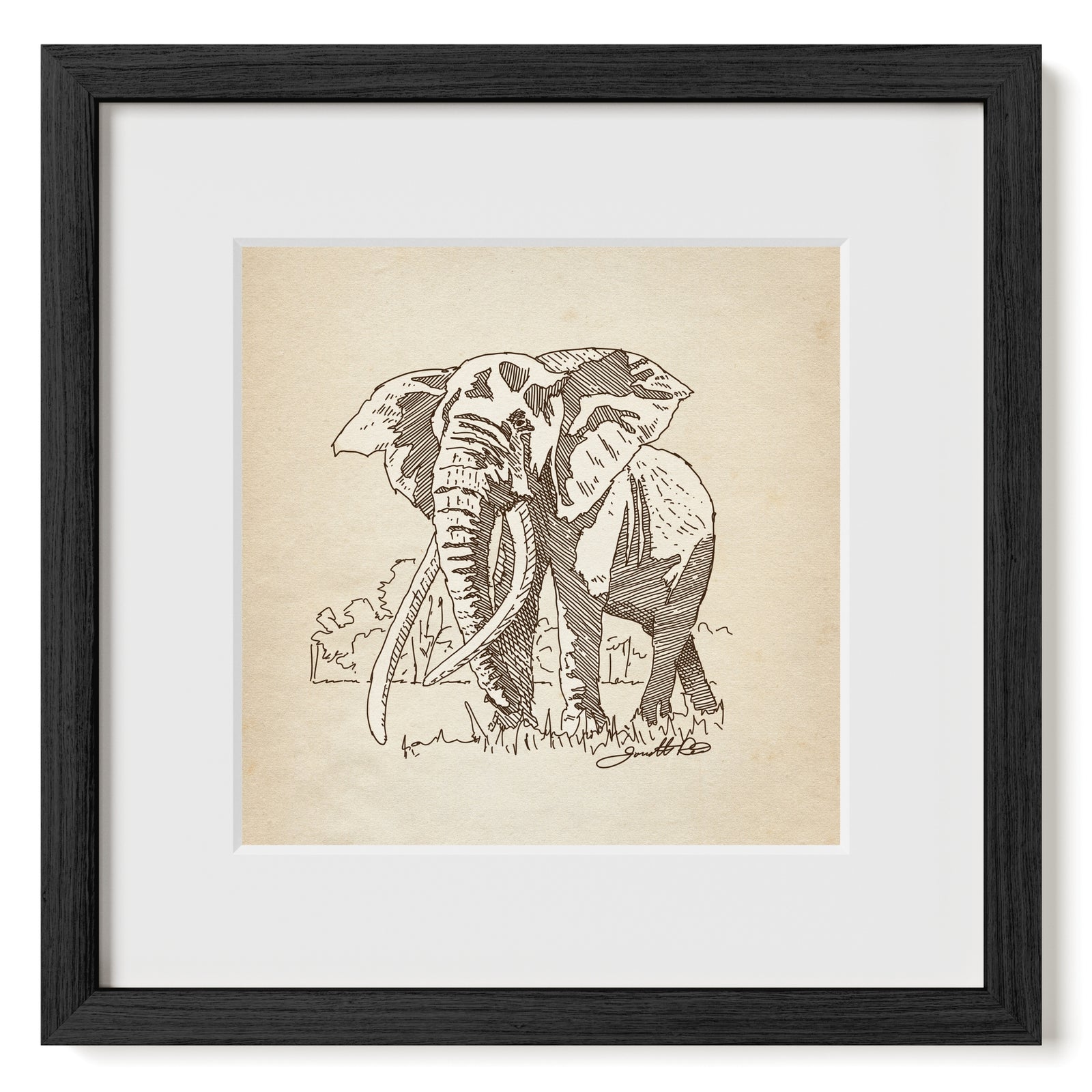 Bull Elephant fine-tip pen sketch art print matted and framed