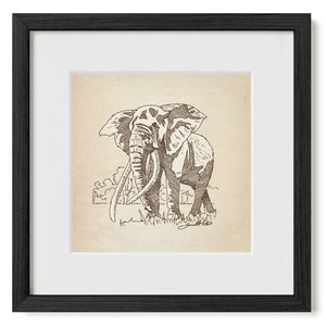 Bull Elephant fine-tip pen sketch art print matted and framed