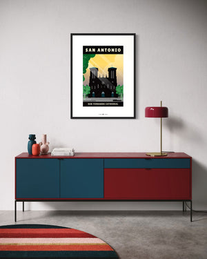 San Antonio, Texas — San Fernando Cathedral poster black frame living room wall mockup