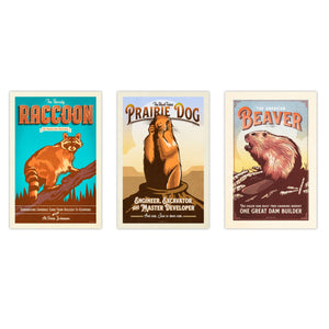 Unframed raccoon, prairie dog and beaver wildlife art prints in a coordinated set of three