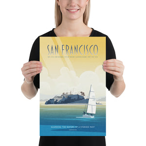 Product mockup of San Francisco Alcatraz travel poster print featuring a sailboat on the bay, illustrated in a retro vintage style with warm golden skies and blue coastal waters.