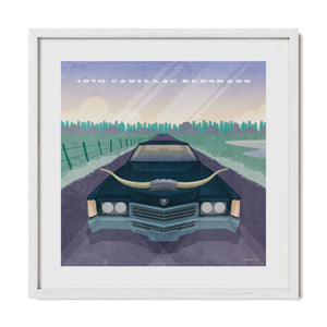 1970 Cadillac Eldorado vintage Texas car poster in a white frame
