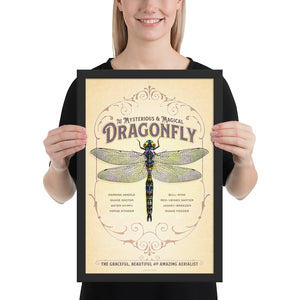 Product mockup of Retro style giclée art print of a Dragon depicted on an ornate backgound. It has muted colors, textures, and ornate typography, with a headline that says “The Mysterious & Magical Dragonfly”.  At the bottom the type says “The graceful, beautiful and amazing aerialist.”