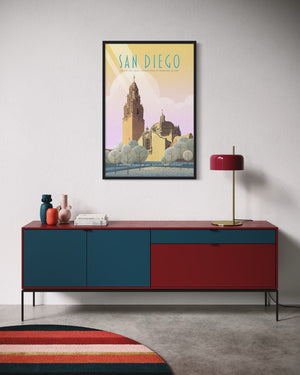 San Diego Balboa Park illustrated poster framed in black wood, styled above a mid-century modern credenza in a contemporary living space