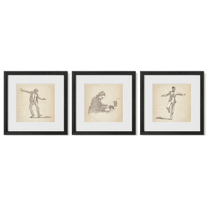 Music & Dance Gallery Set of 3 featuring two vintage-inspired dancer sketches and a jazz pianist illustration, each presented as an 8x8 fine art print, matted in a matching 12x12 black frame.