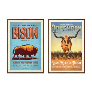 Bison and Longhorn western wall art showcased in rich walnut wood frames for ranch and lodge decor settings
