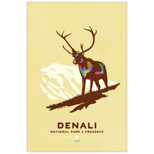 Denali National Park poster featuring a caribou standing before the silhouette of Denali in a vintage-inspired Alaska travel poster design.
