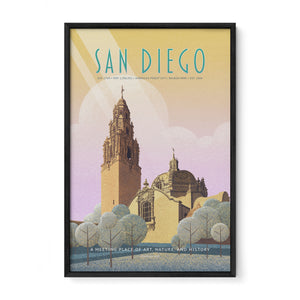 San Diego Balboa Park illustrated poster framed in black wood, featuring the California Tower and historic architecture in a vintage travel poster style