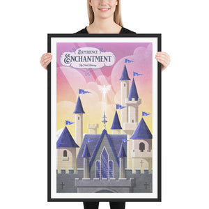 Product mockup of an Illustrated poster of a whimsical stone castle with tall blue-roofed towers, glowing sunset sky, and a fairy hovering above. Text reads “Experience Enchantment – Fly Into Fantasy.