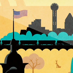 detail of Built on Texas artwork showing oil rigs and layered textures in vintage color palette