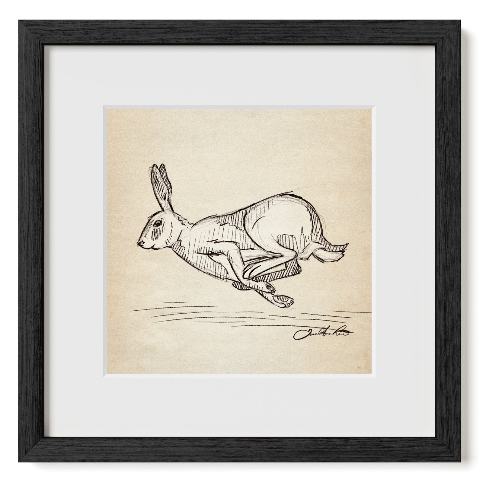 Running Rabbit sketch art print in black frame with matte