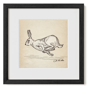 Running Rabbit sketch art print in black frame with matte