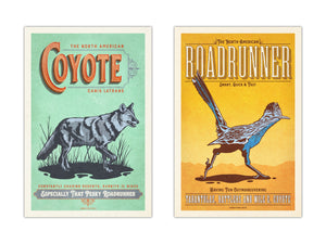 Coyote and roadrunner wall art set featuring vintage-style North American wildlife posters