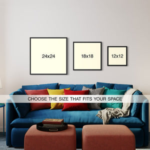 1970 Cadillac Eldorado classic car poster shown in multiple framed print sizes above a couch