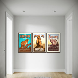 Raccoon, prairie dog and beaver animal prints displayed in matching frames along a modern hallway