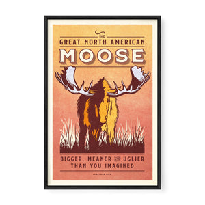 Black framed moose poster highlighting a vintage-style North American wildlife illustration, perfect for cabin, lodge, or rustic home décor.