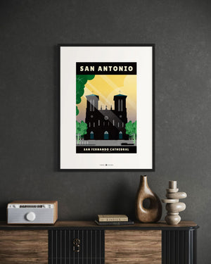 San Antonio, Texas — San Fernando Cathedral poster black frame office wall mockup