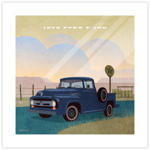 Vintage-inspired illustration of a deep burgundy 1956 Ford F-100 pickup truck parked beside a classic Texaco service station, featuring sweeping mid-century styling, whitewall tires, expansive Texas skies, distant mesas, roadside fencing, and a warm retro color palette with subtle distressed texture reminiscent of a vintage travel poster.
