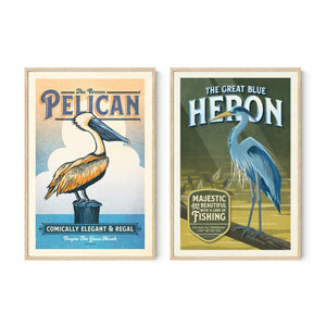 Brown Pelican and Blue Heron gallery set in natural oak frames