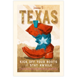 Welcome to Texas vintage poster featuring a colorful red and blue cowboy boot, retro typography and humorous Western lettering.