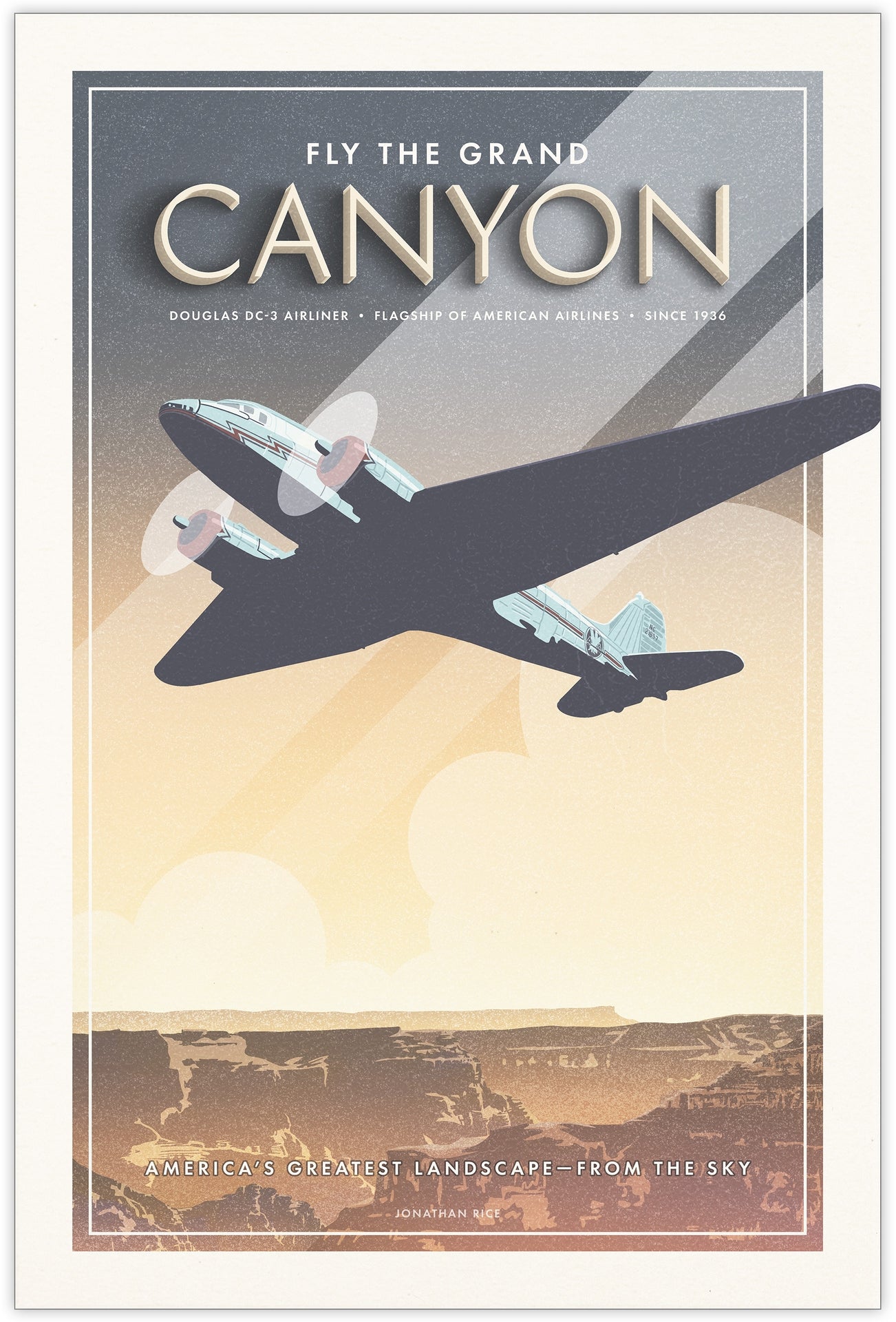 Douglas DC-3 airplane poster flying over Grand Canyon at sunset