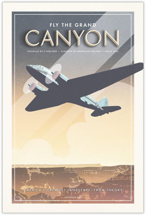 Douglas DC-3 airplane poster flying over Grand Canyon at sunset