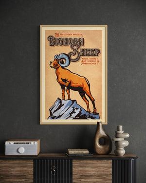 Bighorn Sheep poster by Jonathan Rice oak frame office mockup