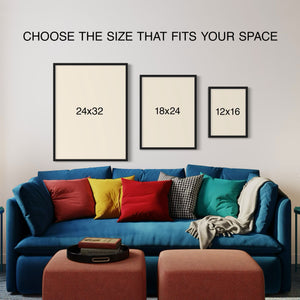 Oklahoma tornado poster shown in multiple frame sizes above a couch for scale comparison.