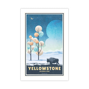 Unframed Yellowstone National Park winter poster featuring a lone bison, snowy landscape, stylized trees, mountains, and crescent moon.