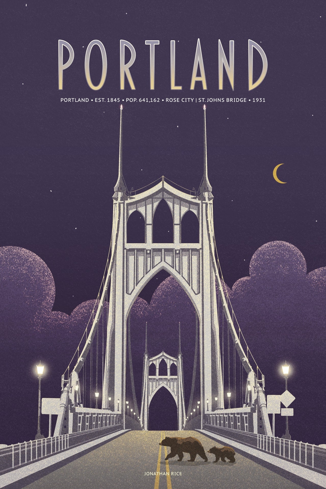 Vintage Portland St. Johns Bridge travel poster, fine art city illustration featuring iconic suspension bridge at night