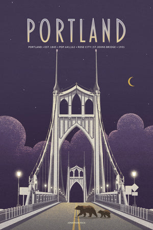 Vintage Portland St. Johns Bridge travel poster, fine art city illustration featuring iconic suspension bridge at night