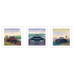 Set of three unframed vintage vehicle art prints featuring a 1938 Chevy Stakebed Truck, Cadillac Eldorado with longhorns and 1956 Ford F-100