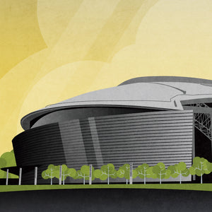 Close-up detail of the Dallas Stadium poster highlighting the architectural structure and bold graphic illustration of the Arlington, Texas landmark.