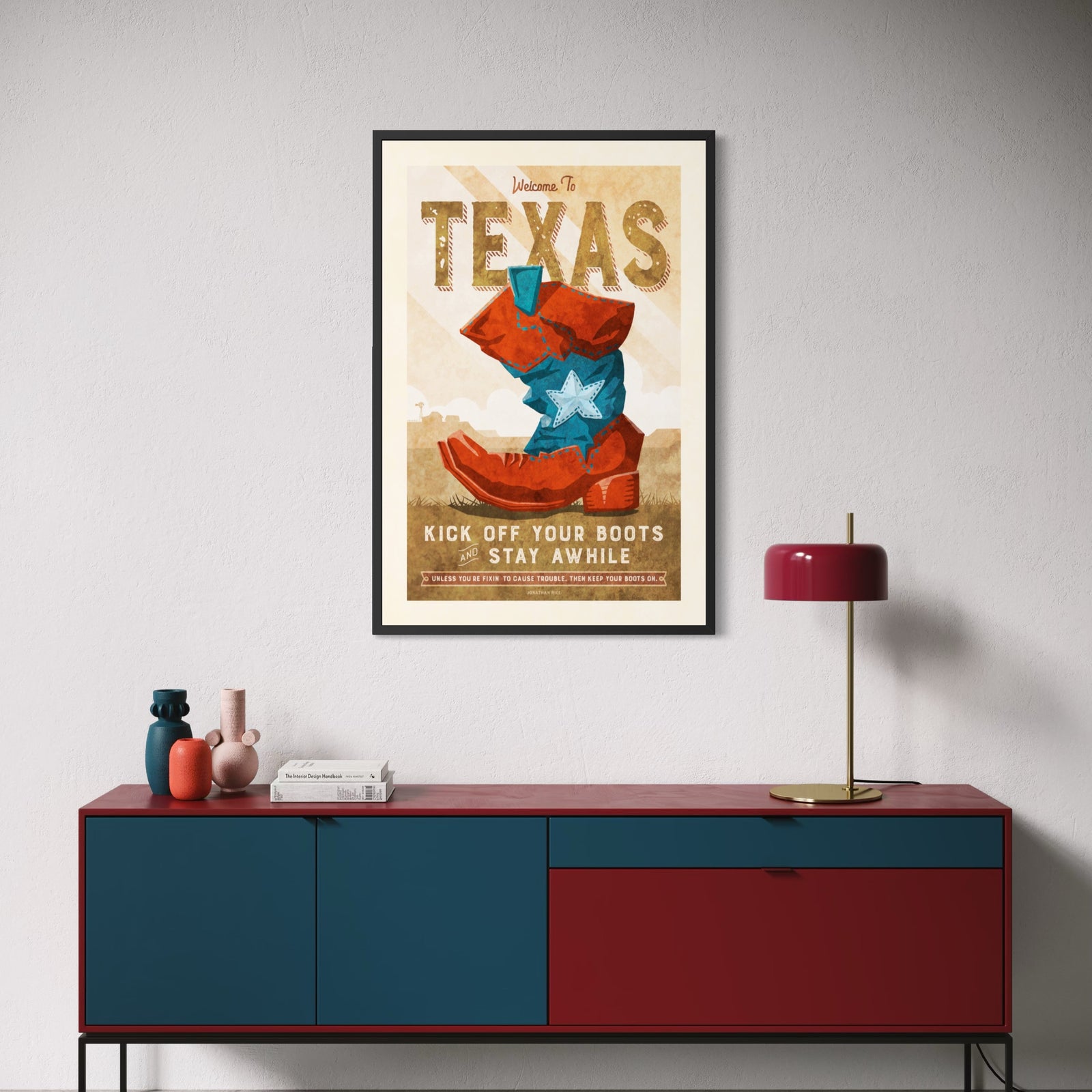 Welcome to Texas vintage poster featuring a colorful red and blue cowboy boot, retro typography and humorous Western lettering.