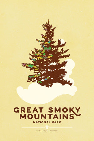 Great Smoky Mountains National Park vintage travel poster featuring a graphic landscape in bold retro style