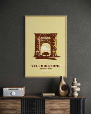 Yellowstone National Park travel poster oak frame office mockup