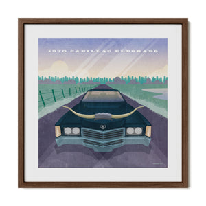 1970 Cadillac Eldorado vintage Texas car poster in a walnut frame
