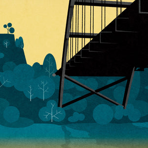 Close-up detail of the Austin Pennybacker Bridge illustration showing layered textures and graphic shapes