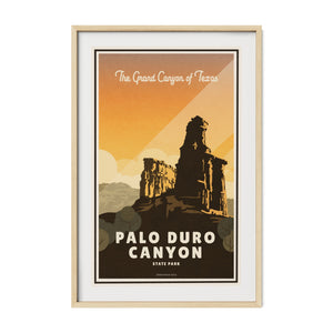 Palo Duro Canyon State Park poster displayed in a natural oak frame that complements the warm earth tones of the Texas canyon.