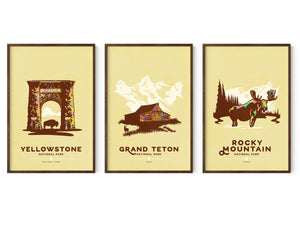 Yellowstone Grand Teton Rocky Mountain national park poster set by Jonathan Rice walnut frame