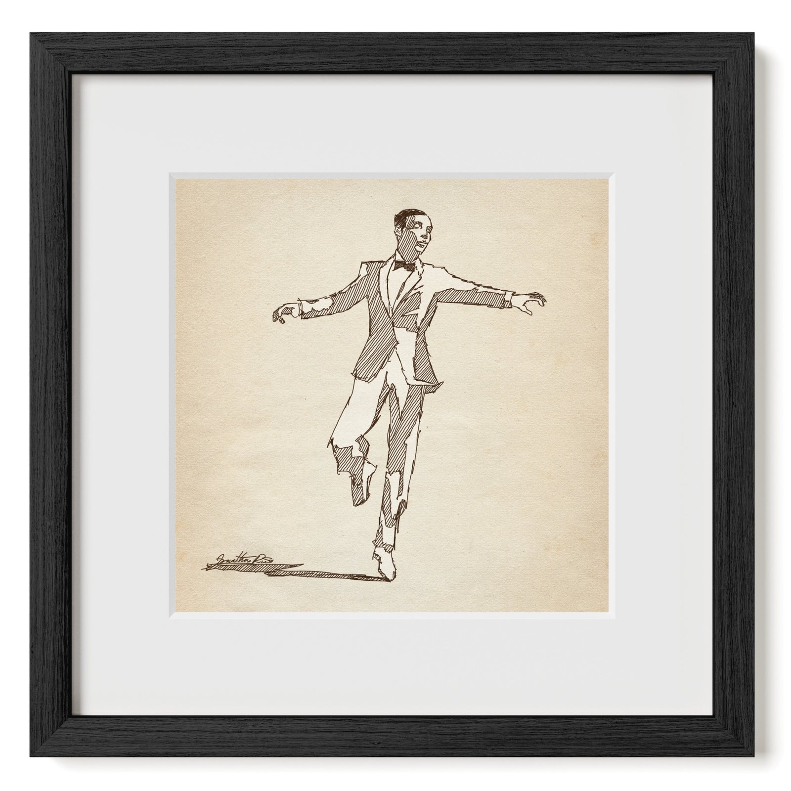 Original digital pen-and-ink sketch by Jonathan Rice depicting a tuxedoed male dancer with arms outstretched in mid-step. Matted and Framed.