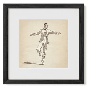 Original digital pen-and-ink sketch by Jonathan Rice depicting a tuxedoed male dancer with arms outstretched in mid-step. Matted and Framed.